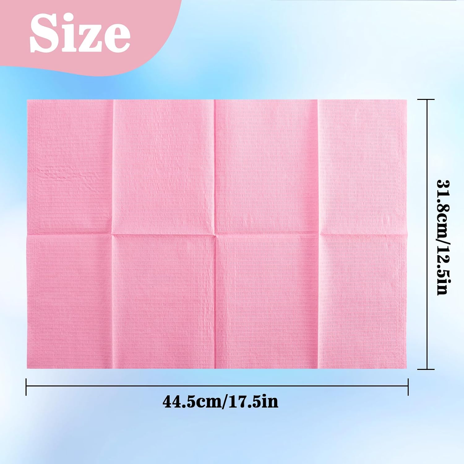 Pink disposable dental bibs pack, paper top and plastic film backing, 45x32 cm - 2