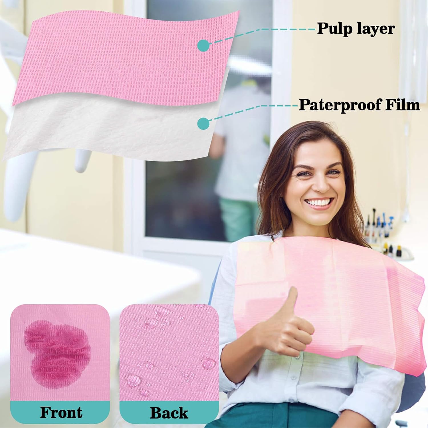 Pink disposable dental bibs pack, paper top and plastic film backing, 45x32 cm - 3
